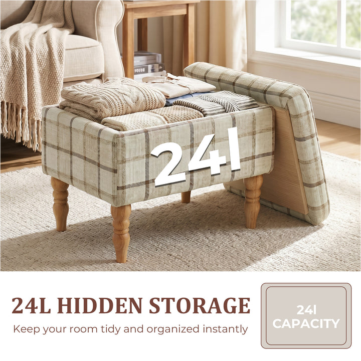 Linen Fabric Upholstered Footstool, Rectangular Storage Stool with Rem