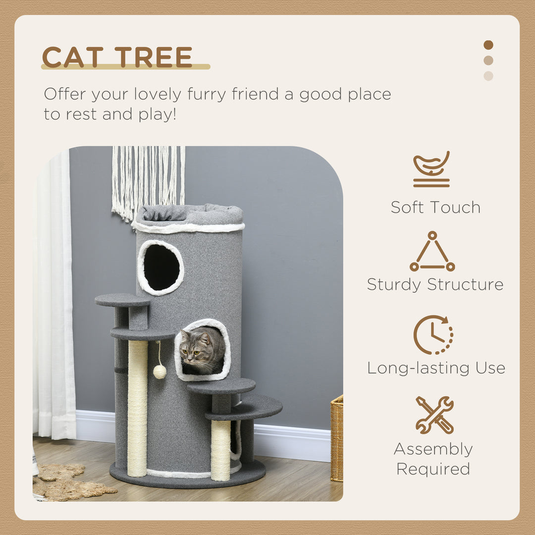 PawHut Barrel Shaped Cat Tree with Sisal Scratching Posts, Cat Bed, Platforms, Hanging Ball, Grey, Grey | Aosom UK