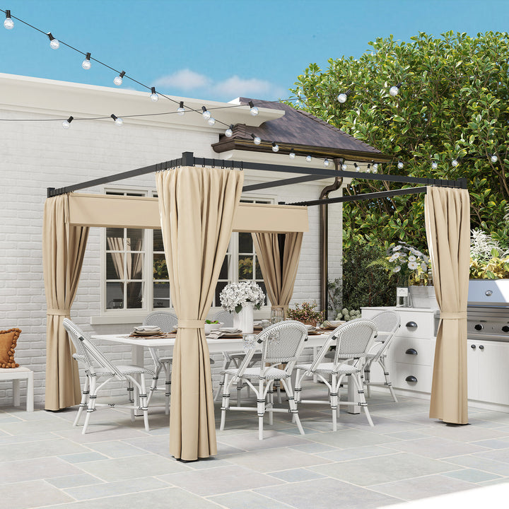 3 x 3(m) Retractable Pergola, Garden Gazebo Shelter with Curtains, for Grill, Patio, Deck, Beige