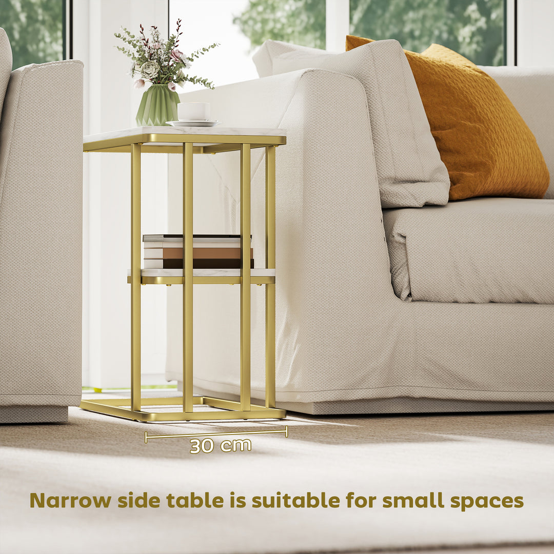 MCL C-Shaped Narrow Side Table, 2-Tier Slim End Table, Nightstand for Small Spaces, Living Room, Bedroom, White Marble Grain