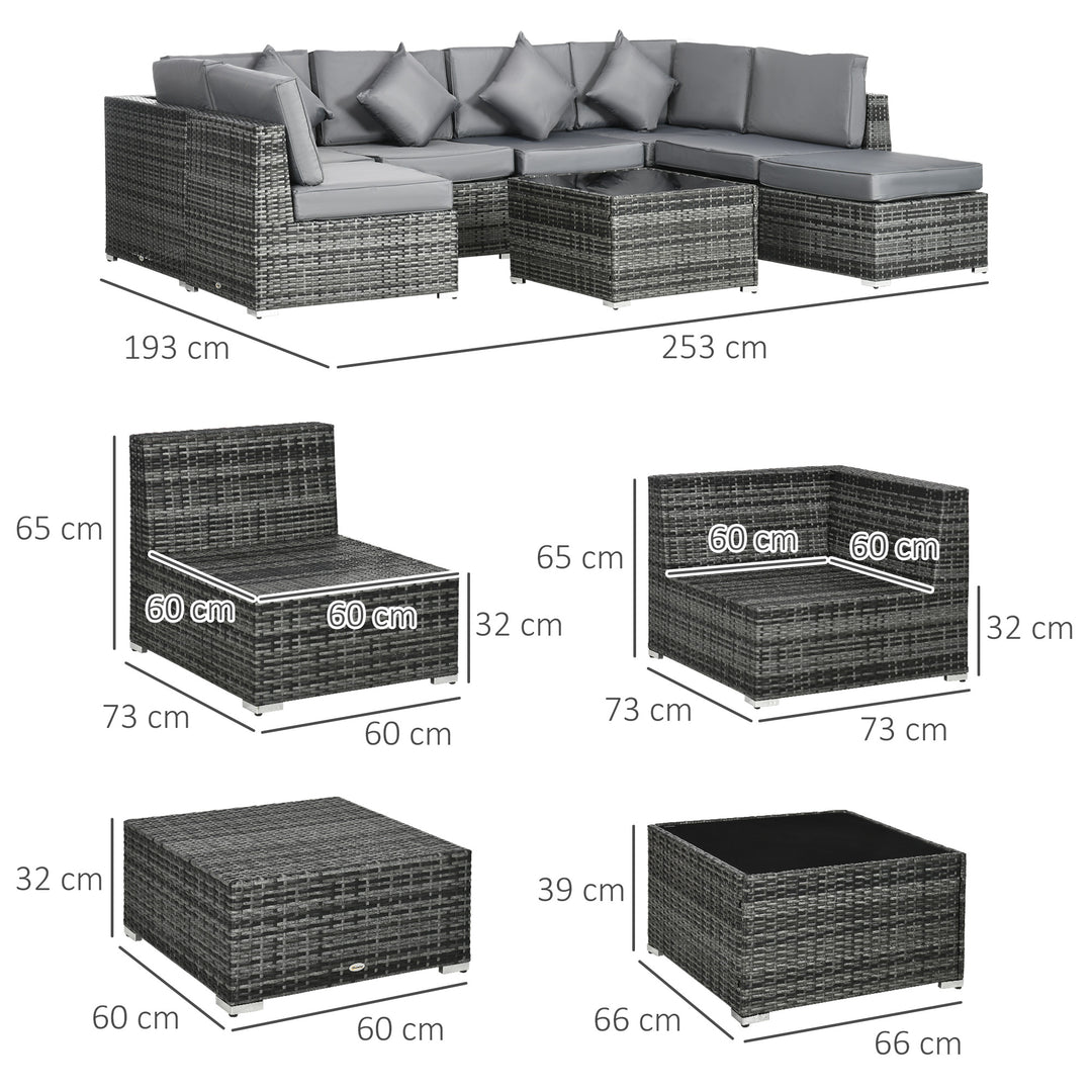 8 Pieces PE Rattan Corner Sofa Set, Outdoor Garden Furniture Set, Patio Wicker Sofa Seater w/ Cushion, Washable Cushion Cover & Tempered Glass Table, Grey