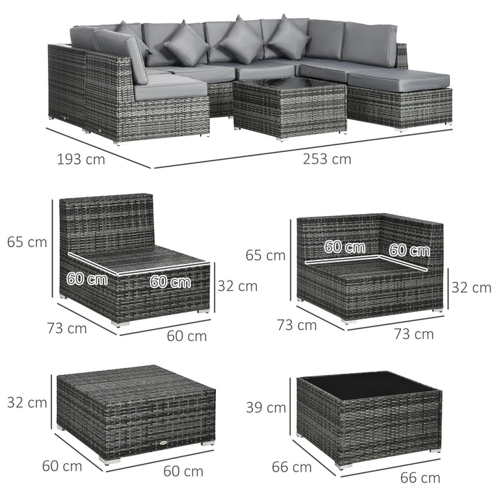 8 Pieces PE Rattan Corner Sofa Set, Outdoor Garden Furniture Set, Patio Wicker Sofa Seater w/ Cushion, Washable Cushion Cover & Tempered Glass Table, Grey