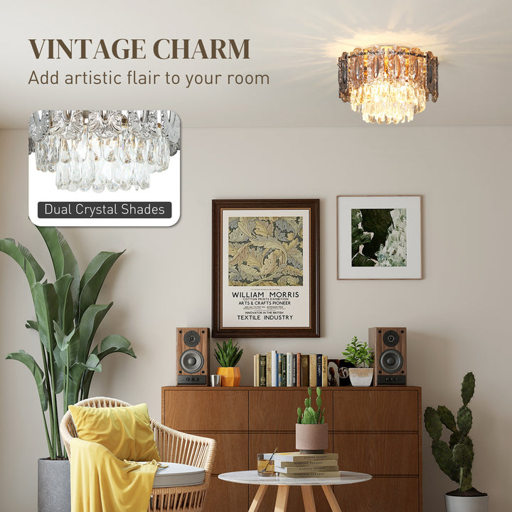 MCL Chandelier Ceiling Light, 3-Light Vintage Flush Mount Fixture with Dual Crystal and Smoke Glass Shade, LED Ceiling Light for Living Room Bedroom, 3 E27 Sockets, Bulbs Not Included, Gold Tone
