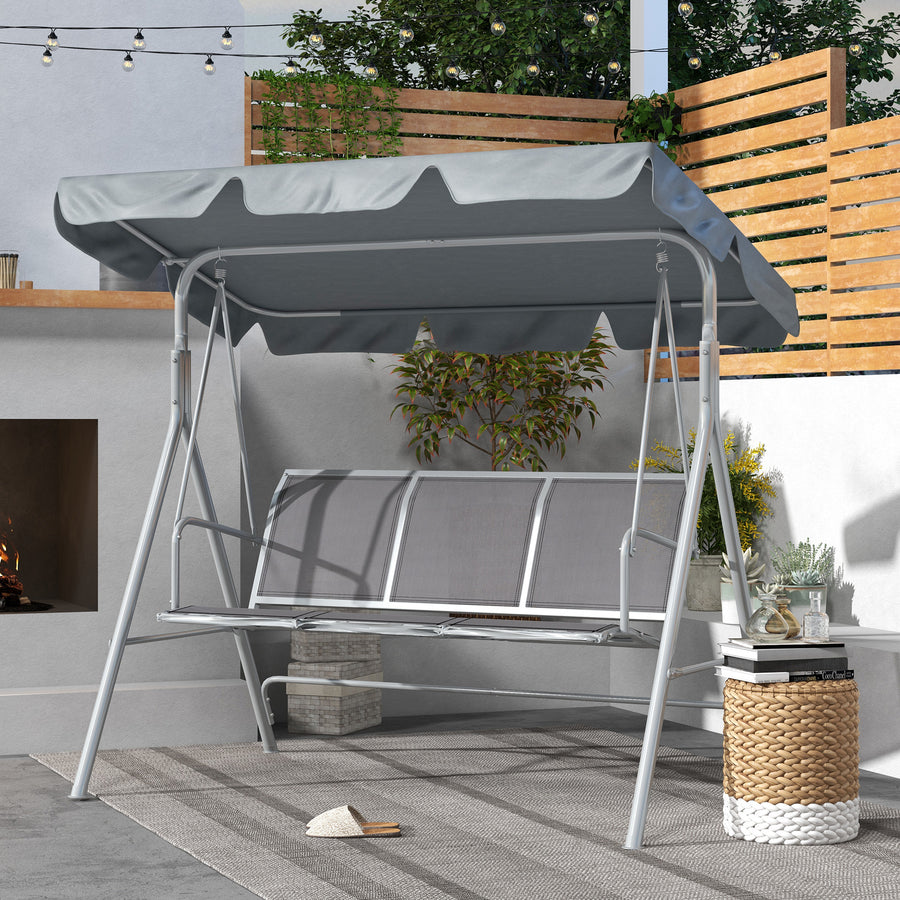 Metal Garden Swing Chair, 3-Seater Swing Seat, Patio Hammock Bench Canopy Lounger, Light Grey