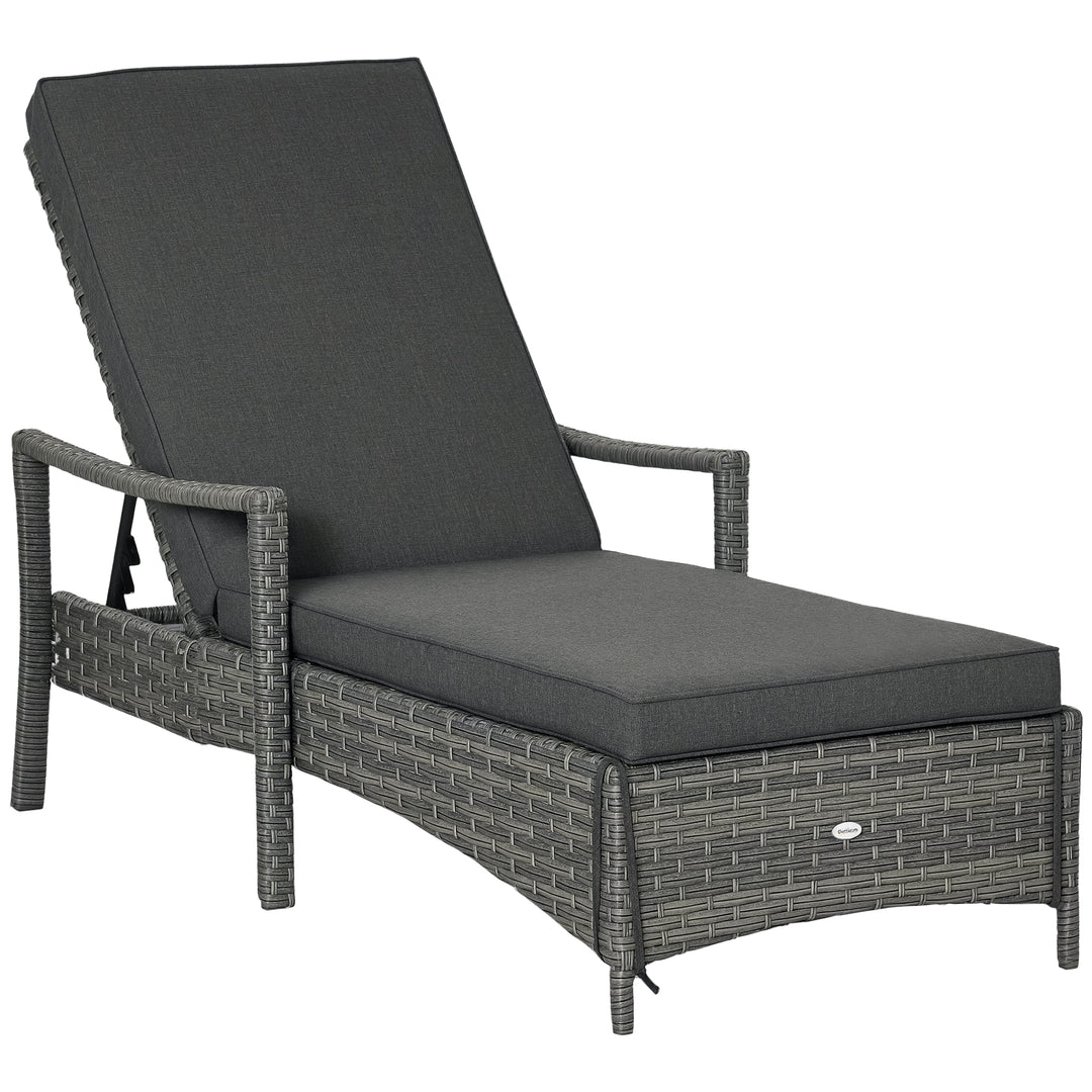 Patio Rattan Sun Lounger, Dual Wicker Weave Outdoor Single Reclining Chair Furniture, 5-Level Adjustable Backrest w/ Removeable & Washable Cushion, Mixed Grey