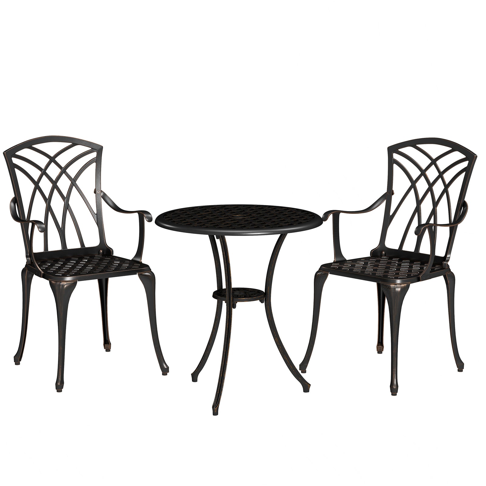 3 Pieces Garden Dining Set for 2, Cast Aluminium Outdoor Dining Set with 2 Armchairs and Round Dining Table with Parasol Hole, Garden Furniture Set, Bronze Tone