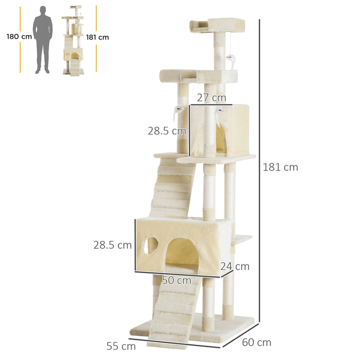 PawHut Multi-Level Cat Tower, Sisal Kitten Tree with Scratch Post, Climbing Toy Bed, 181cm(H), Durable | Aosom UK