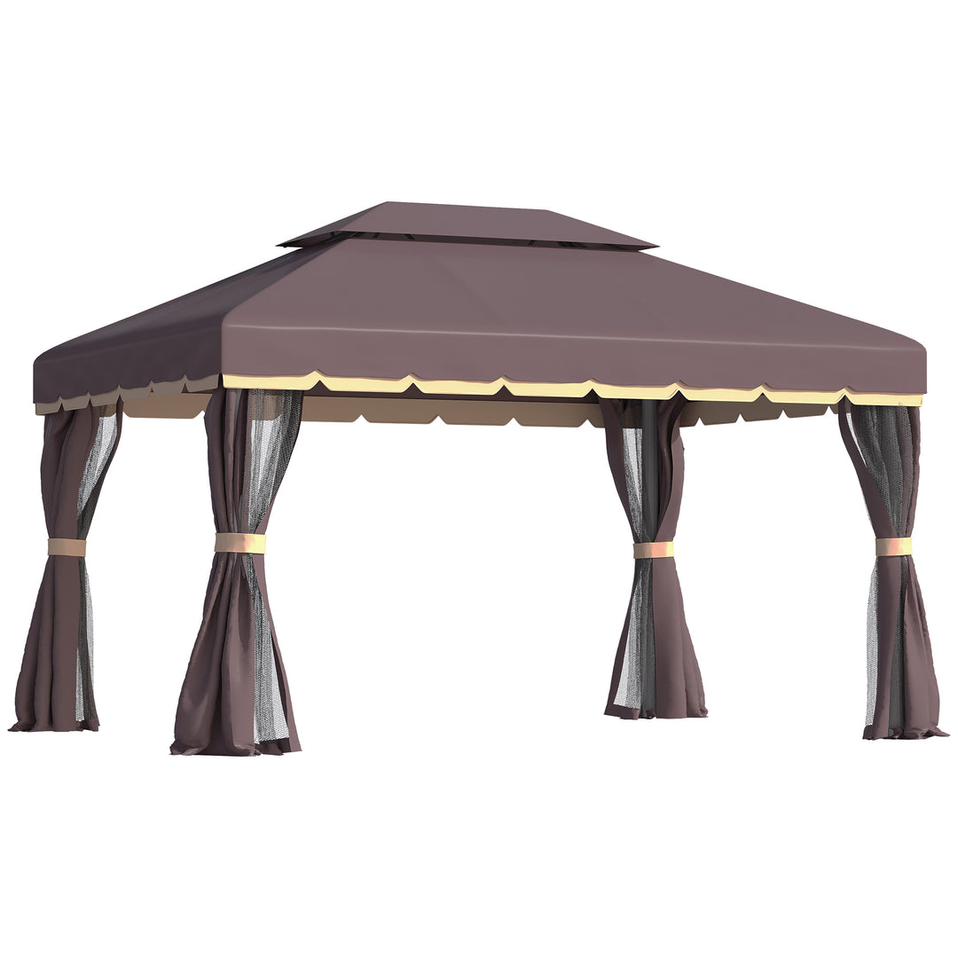 3 x 4m Aluminium Garden Gazebo, Marquee Canopy Shelter Pavilion Party Tent with Nets and Curtains for Garden and Deck, Coffee