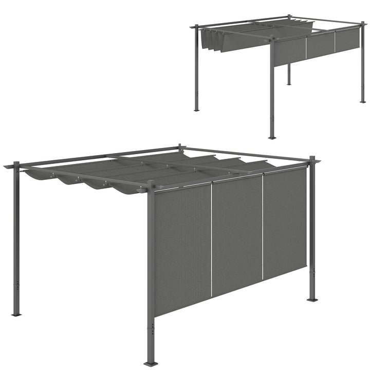 Outsunny 3 x 4m Metal Pergola with Retractable Roof and Roller Shade, Wall-Mounted or Free Standing Garden Gazebo Canopy Pergola Kit, UPF30+ Outdoor Sun Shade Shelter, Grey