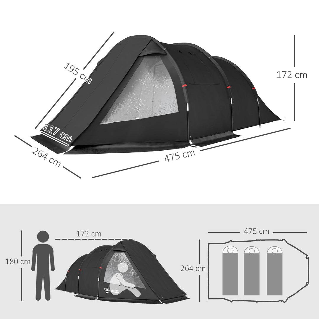 3-4 Man Tunnel Tent, Two Room Camping Tent with Windows, Portable Carry Bag, for Fishing, Hiking, Sports, Festival - Black