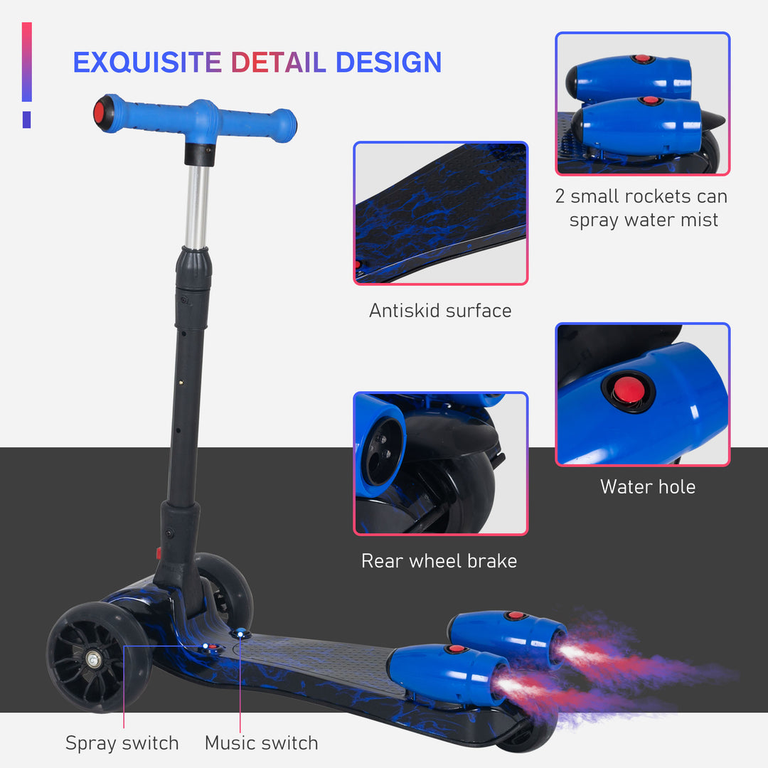 Kids Scooter, 3 Wheel Foldable Kick Scooter Adjustable Height w/ Flashing Wheels, Music, Water Spray for 3-6 Years, Blue