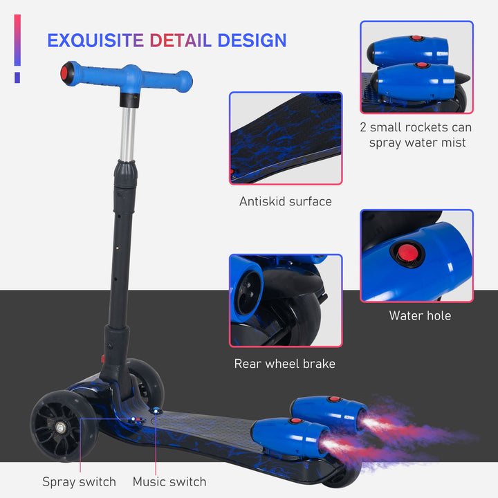 Kids Scooter, 3 Wheel Foldable Kick Scooter Adjustable Height w/ Flashing Wheels, Music, Water Spray for 3-6 Years, Blue