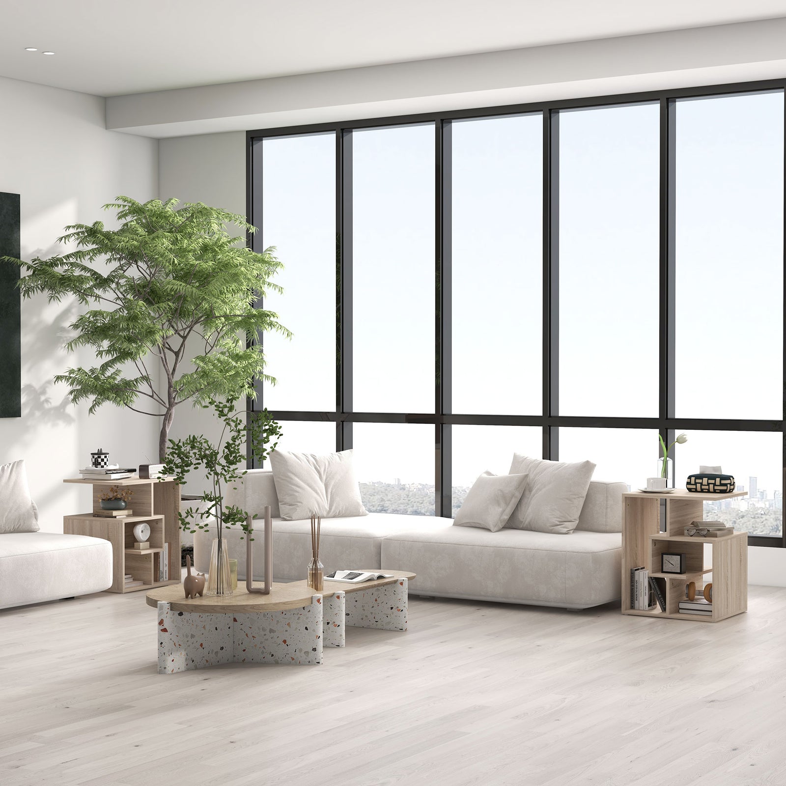 Side Table, 3 Tier End Table with Open Storage Shelves for Living Room, Bedroom, Set of 2, Oak