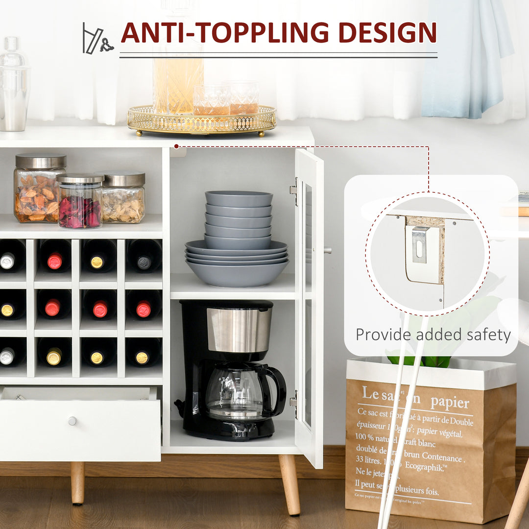 MCL Modern Sideboard Storage Cabinet Kitchen Cupboard Dining Bar Server with Glass Doors, Drawer & 12-Bottle Wine Rack for Living Room, White