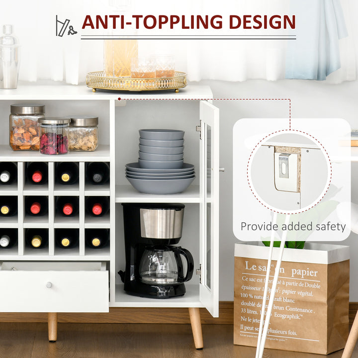 MCL Modern Sideboard Storage Cabinet Kitchen Cupboard Dining Bar Server with Glass Doors, Drawer & 12-Bottle Wine Rack for Living Room, White