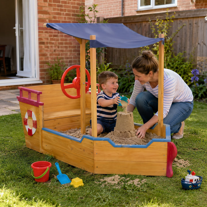 Sand Pit, Kids Wooden Sandbox Pirate Ship, Sandboat Play Station with 