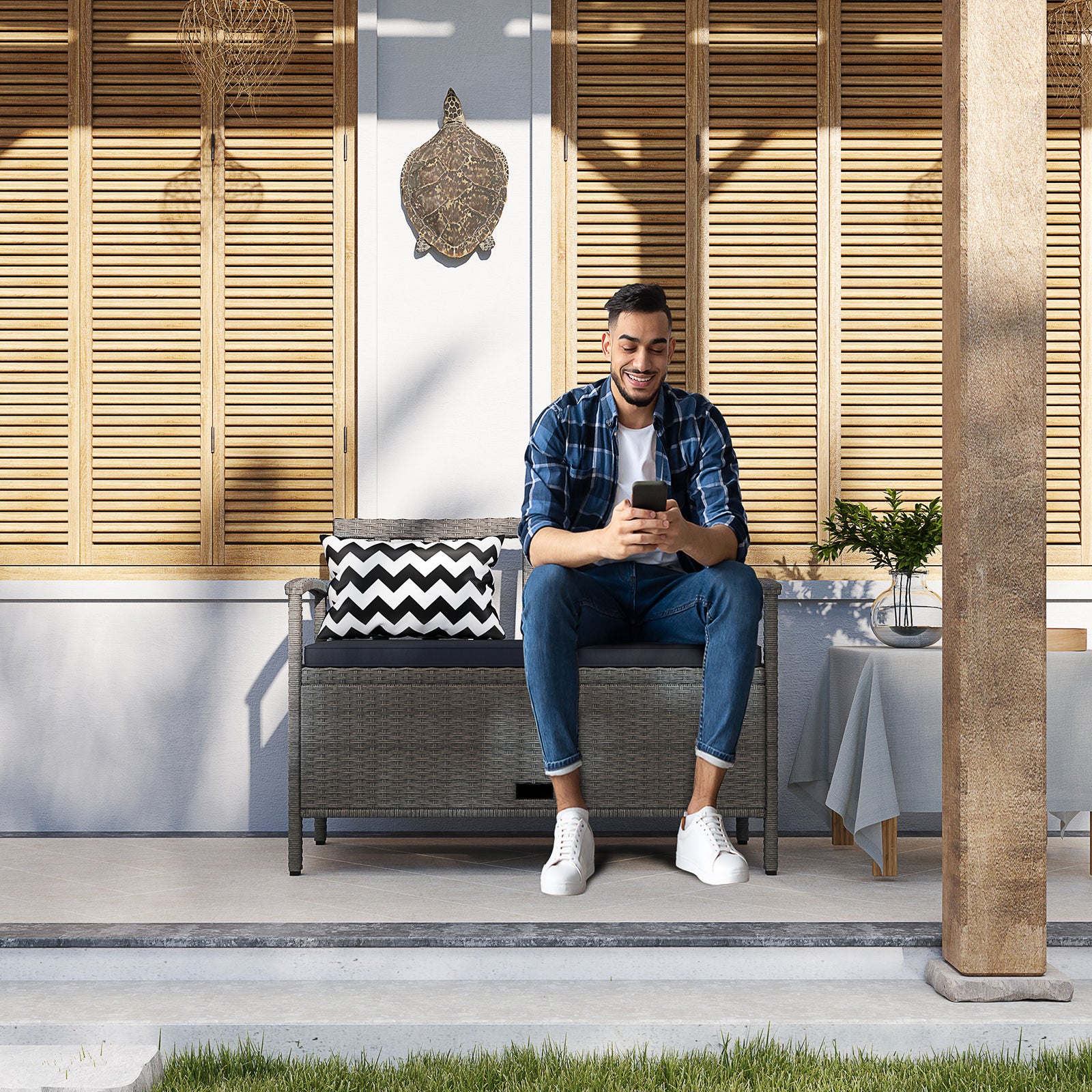 160L Storage Two-Seater Rattan Bench - Grey