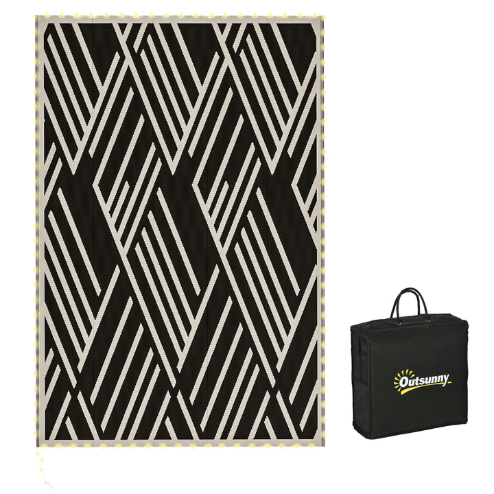 Plastic Straw Reversible RV Outdoor Rug with LED String Light, 182 x 274cm, Black and Coffee