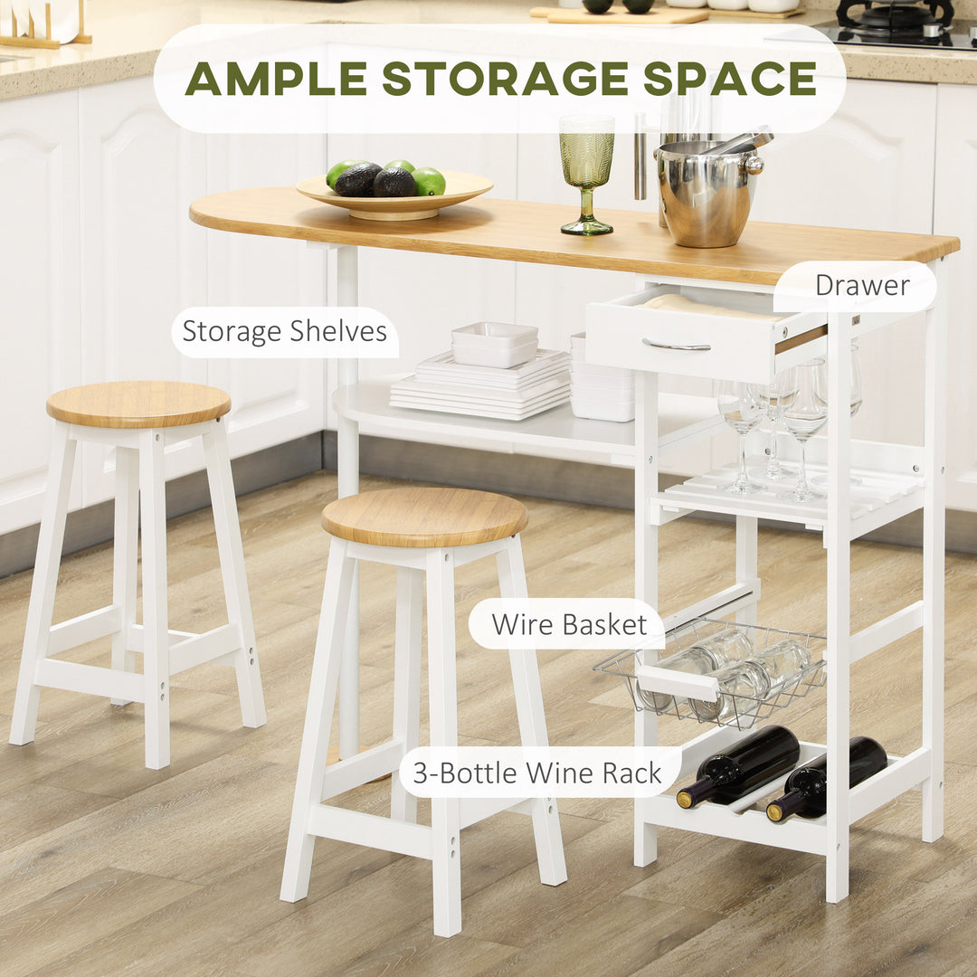 3 Piece Bar Table Set, Breakfast Bar table and Stools with Storage Shelf, Drawer, Wire Basket and Wine Rack for Kitchen, Home Bar, Natural and White