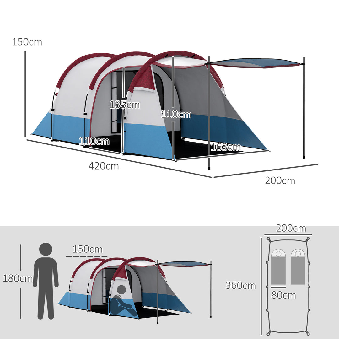 Camping Tent, Large Tunnel Tent with Bedroom and Living Area, 2000mm Waterproof, Portable with Bag for 2-3 Man, Red