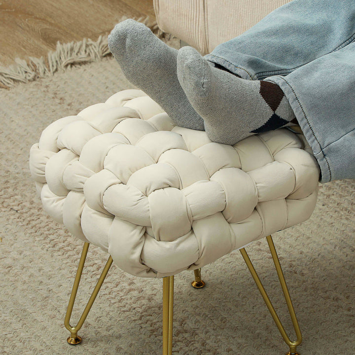 Velvet-Feel Bold Woven Footstool - Cream White