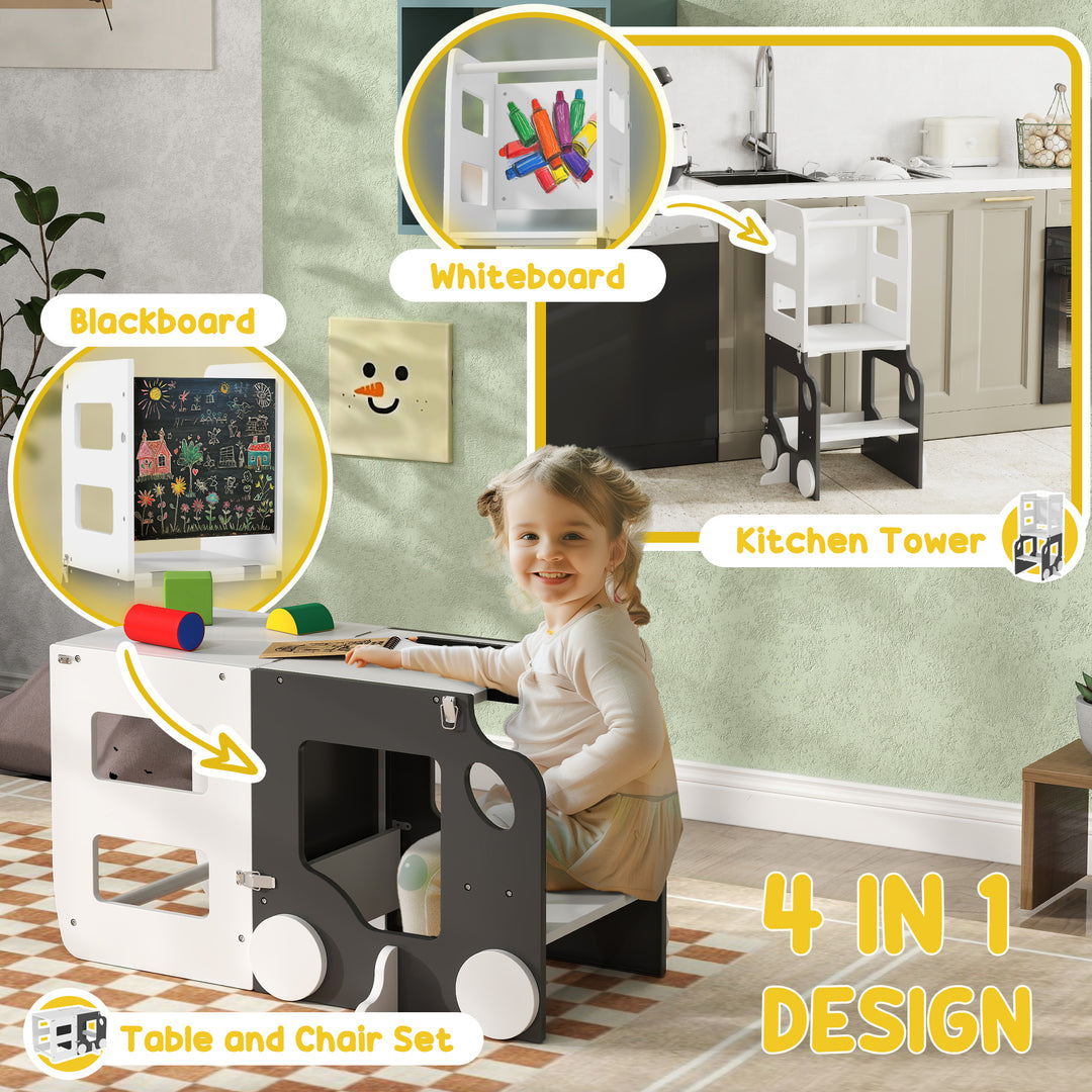 Toddler Step Stool, 4 in 1 Standing Tower, Foldable Toddler Step with Safety Rail, for Kitchen, Bathroom