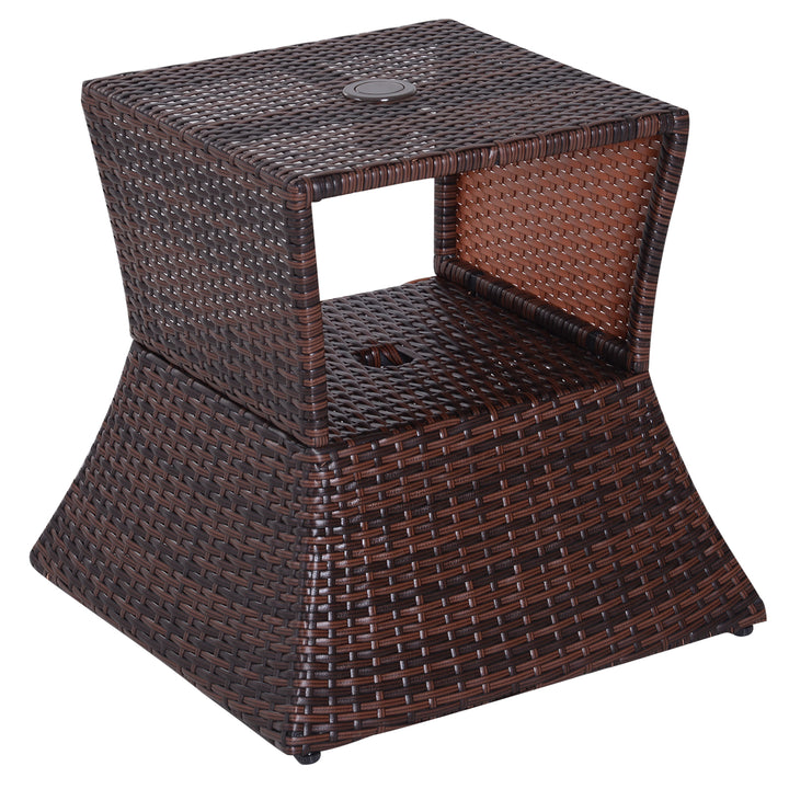 Rattan Outdoor Coffee Table, Wicker Garden Patio Bistro Side Table with Umbrella Hole and Storage Space for Balcony, Porch, Brown