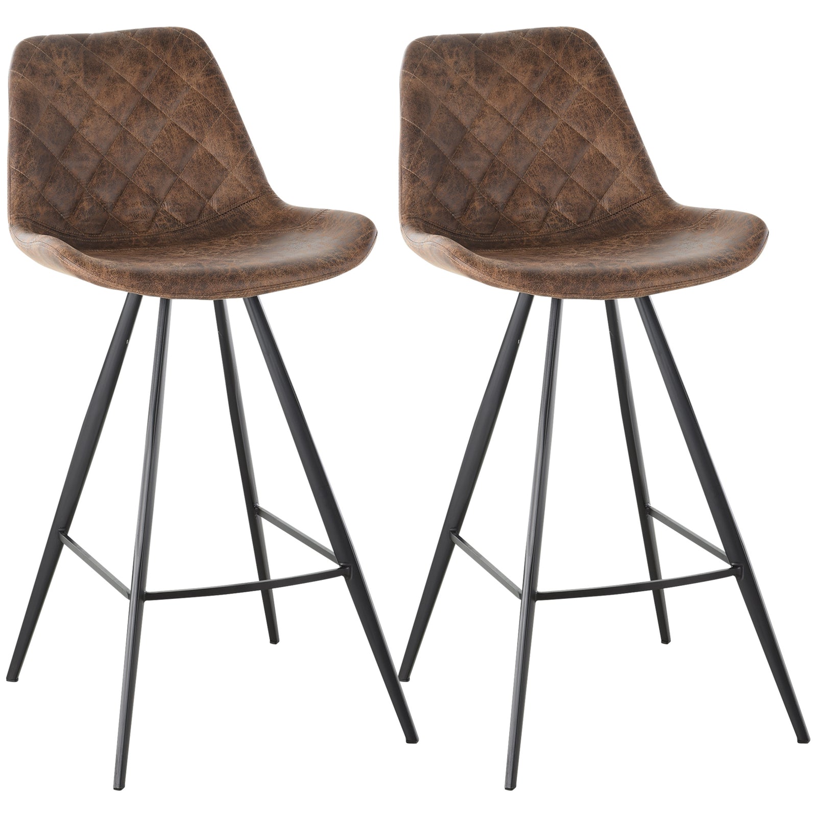 Set Of 2 Bar Stools Vintage Microfiber Cloth Tub Seats Padded Comfortable Steel Frame Footrest Quilted Home Bar Cafe Kitchen Chair Stylish Brown