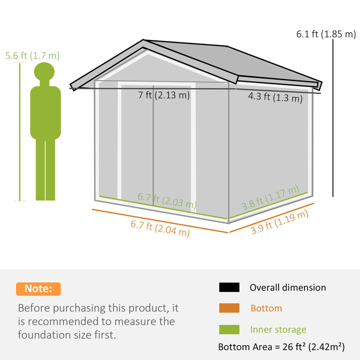 7 x 4ft Metal Garden Shed, Outdoor Storage Tool House with Ventilation Slots, Foundation Kit and Lockable Double Doors, Green