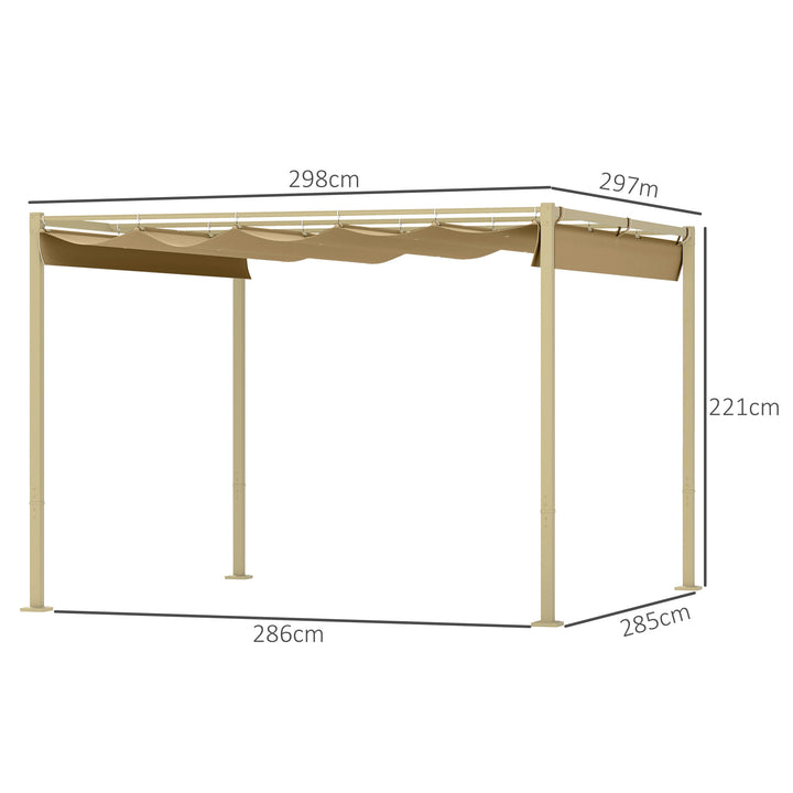 Outsunny 3 x 3(m) Garden Pergola with Retractable Roof and Magnetic Fixture, Outdoor Gazebo Pergola Kit Sun Shade Canopy, UPF30+, Khaki
