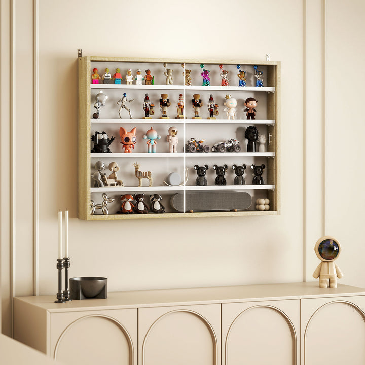 5-Tier Wall Display Shelf Unit Cabinet w/ 4 Adjustable Shelves Glass Doors Home Office Ornaments 60x80cm Natural