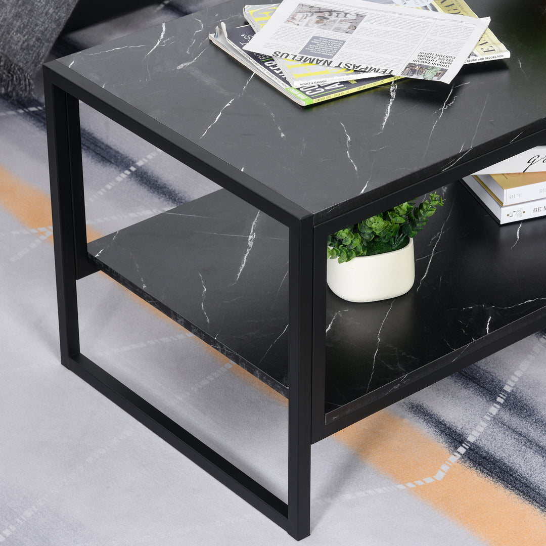 MCL Coffee Table, Two-Tier Faux Marble Effect Centre Table with Metal Frame and Storage Shelf for Living Room, 106 x 50 x 45cm, Black