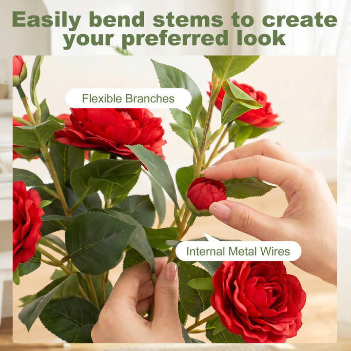 65cm Artificial Camellia Flower Plant in Pot with 116 Lush Leaves &amp; Mo