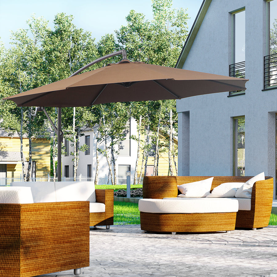 2.45m Overhanging Cantilever Parasol, Heavy Duty Waterproof Garden Umbrella with Cross Base, Brown