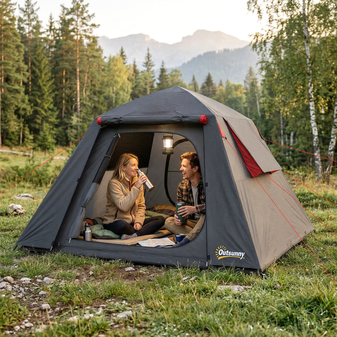 Camping Tent 3000mm Waterproof Tent with 2 Doors, Dark Grey and Red