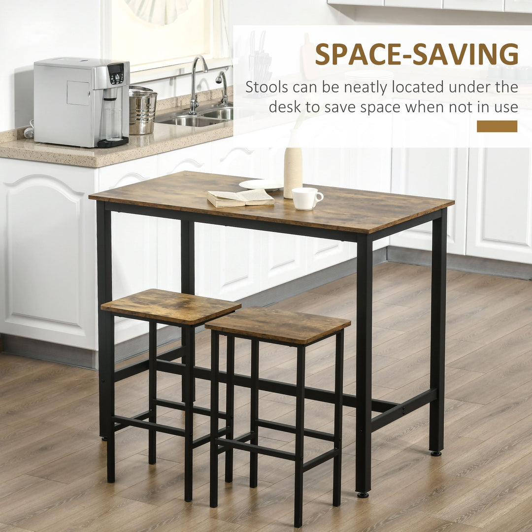 120x60cm Bar Table Set, Breakfast Table with 2 Stools, 3-Piece Counter Height Dining Table & Chairs for Kitchen, Living Room, Rustic Brown