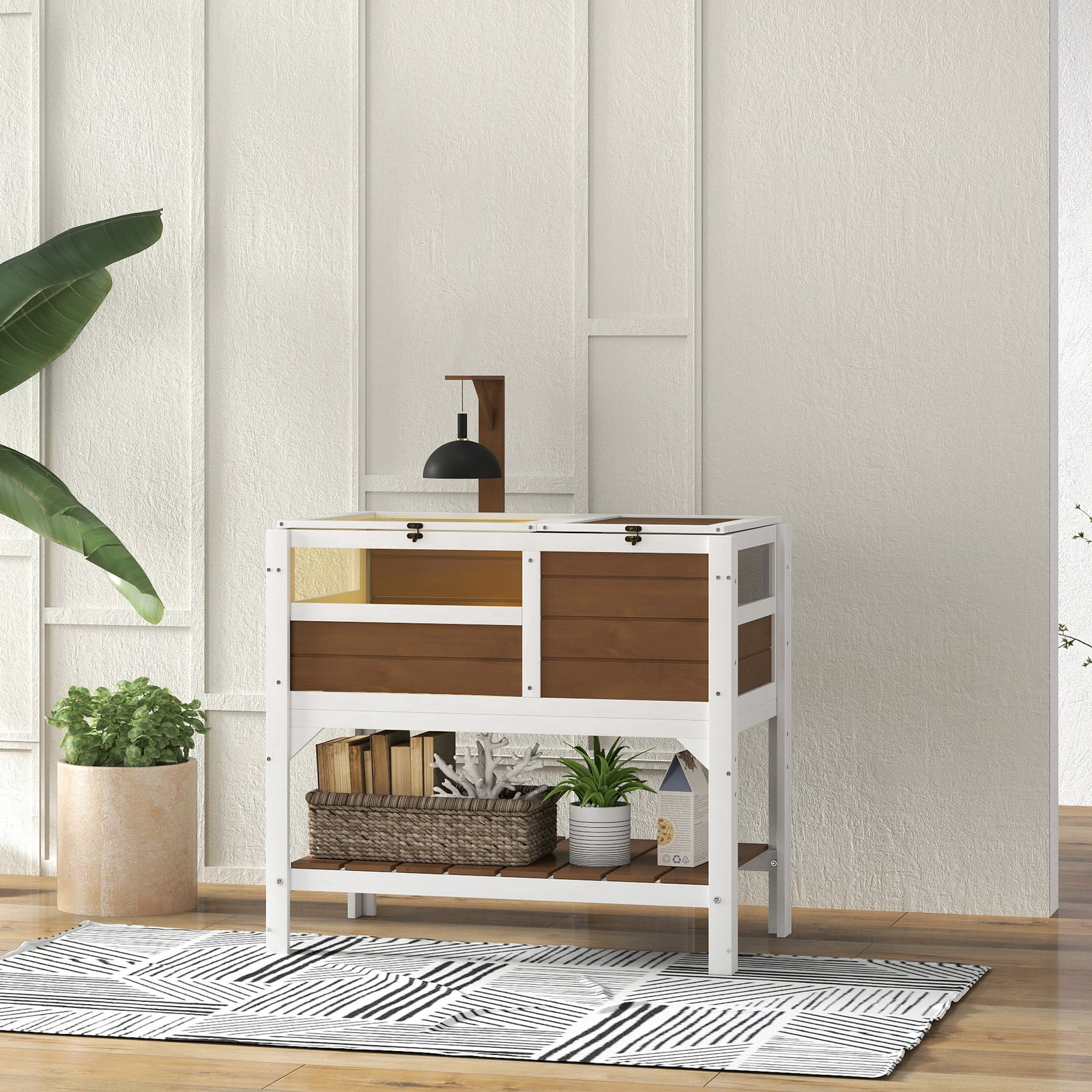 Wooden Tortoise House, with Shelter, Run, Shelf, Lamp Holder, Tray - Brown