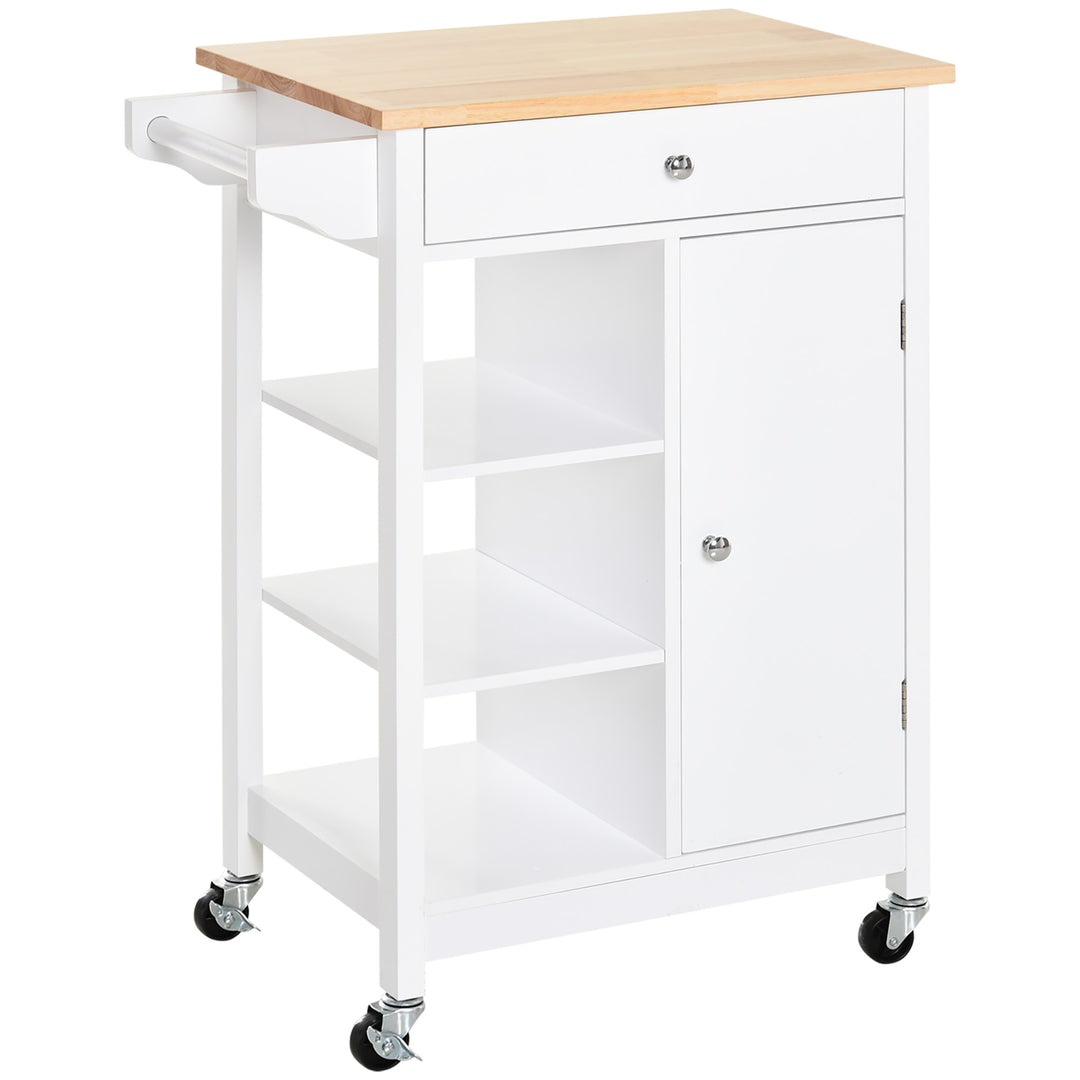 Kitchen Trolley, Kitchen Island on Wheels, w/ Wood Top, 3 Shelves and Storage Cupboard, White
