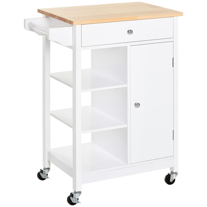Kitchen Trolley, Kitchen Island on Wheels, w/ Wood Top, 3 Shelves and Storage Cupboard, White