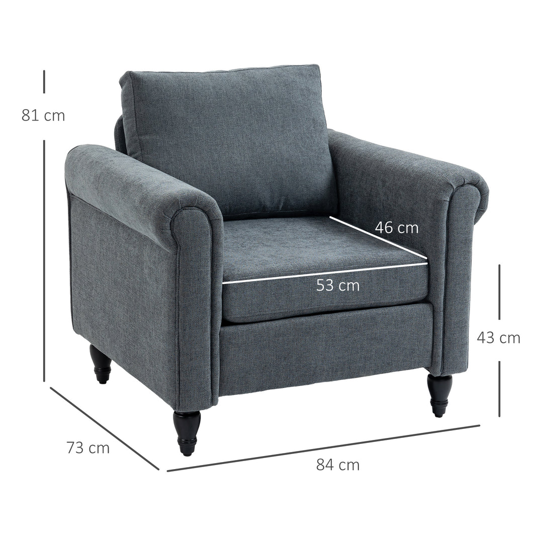 Vintage Accent Chair, Upholstered Occasional Chair with Back Pillow, Rolled Arms, Rubber Wood Legs, Grey