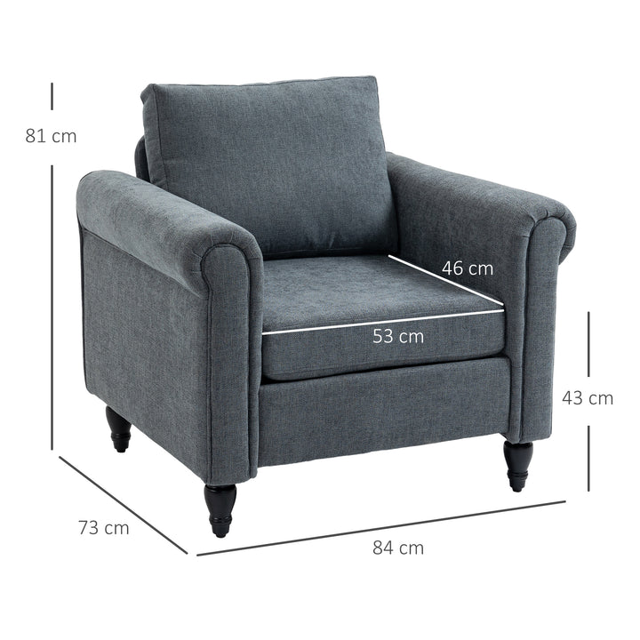 Vintage Accent Chair, Upholstered Occasional Chair with Back Pillow, Rolled Arms, Rubber Wood Legs, Grey