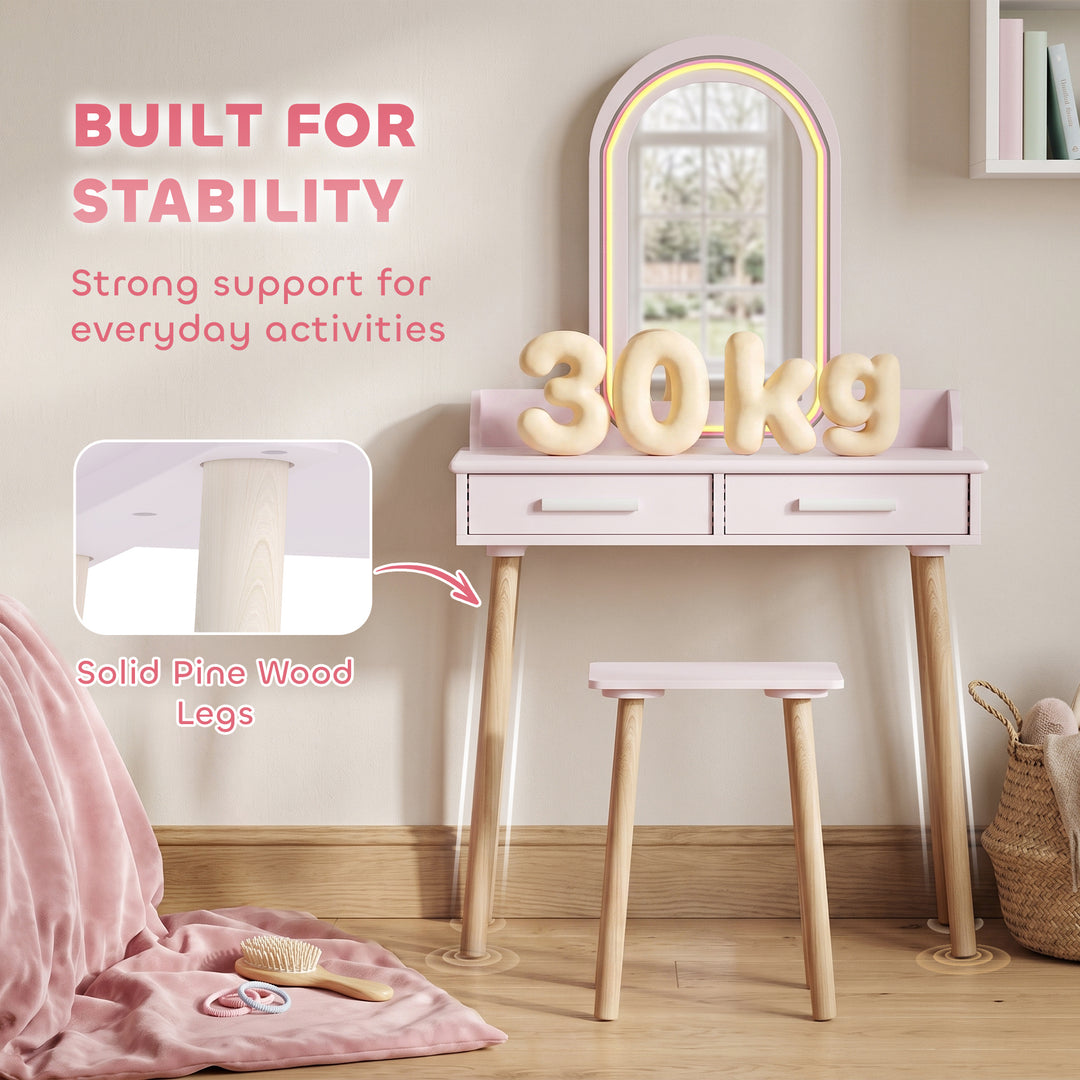 Kids Dressing Table, Girls Vanity Set with Stool, 3-Colour LED Lights 