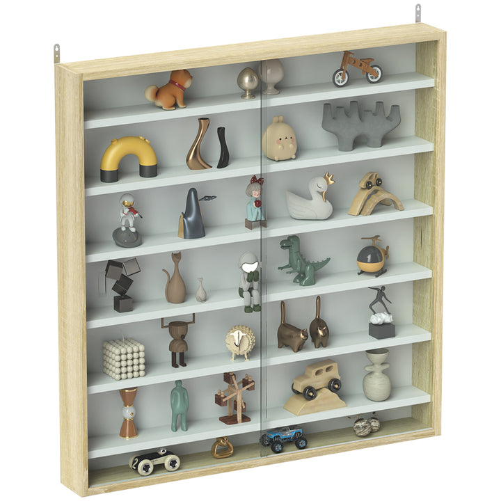 7-Tier Wall Display Shelf Unit Cabinet w/ 6 Adjustable Shelves Glass Doors Home Office Ornaments 83x80cm, Oak