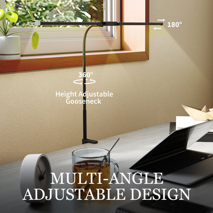 LED Desk Lamp with Clamp, Double Head Table Lamp with 3 Colour Modes & 10 Brightness Levels, Flexible Gooseneck Reading Desk Light with Timer and Memory Function for Study, Office, Work, Black