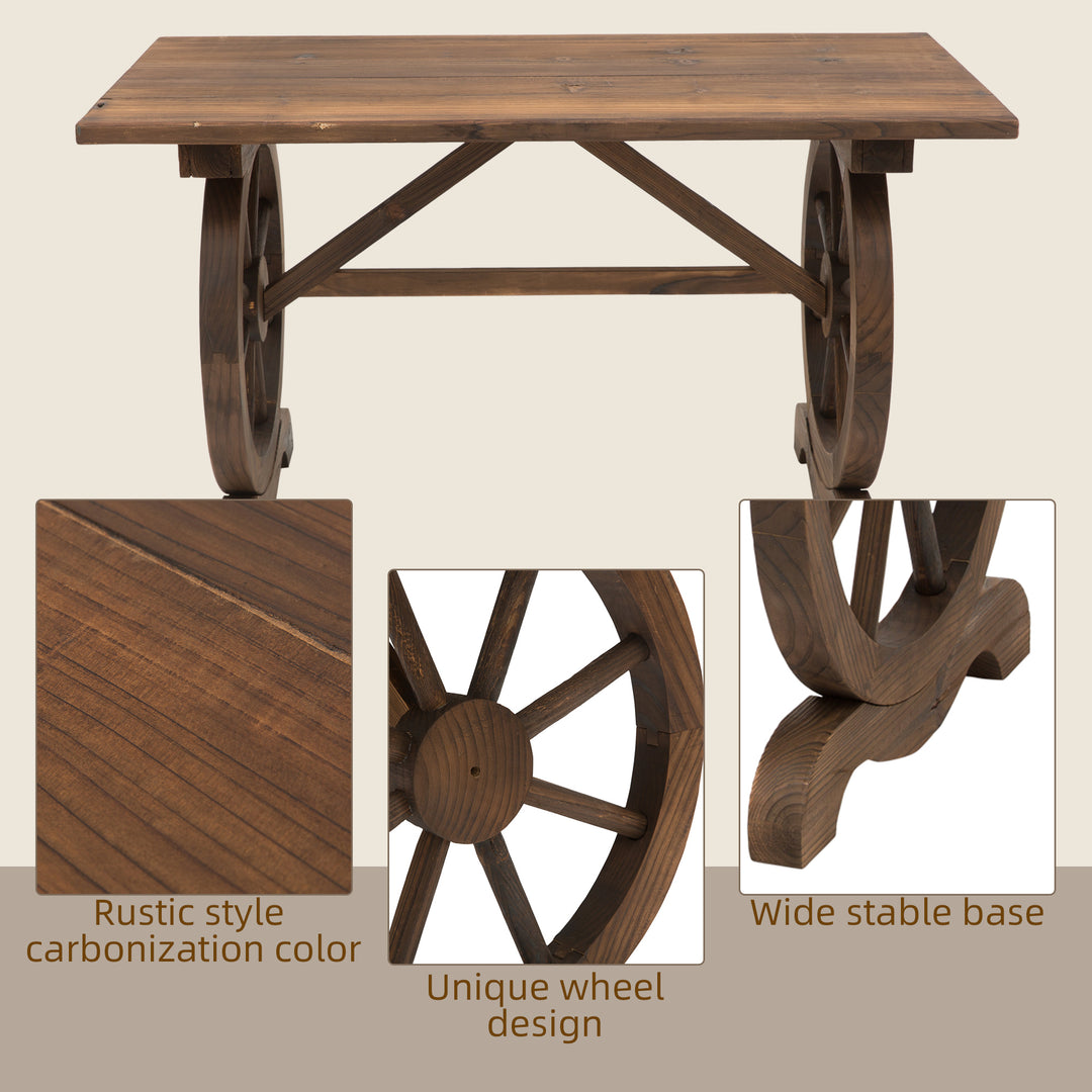 Wooden Garden Dining Table, Wagon Wheel Outdoor Coffee Table with 3 cm Wood Top for Patio, Balcony, Terrace, 110 x 60 x 65 cm, Carbonised Finish