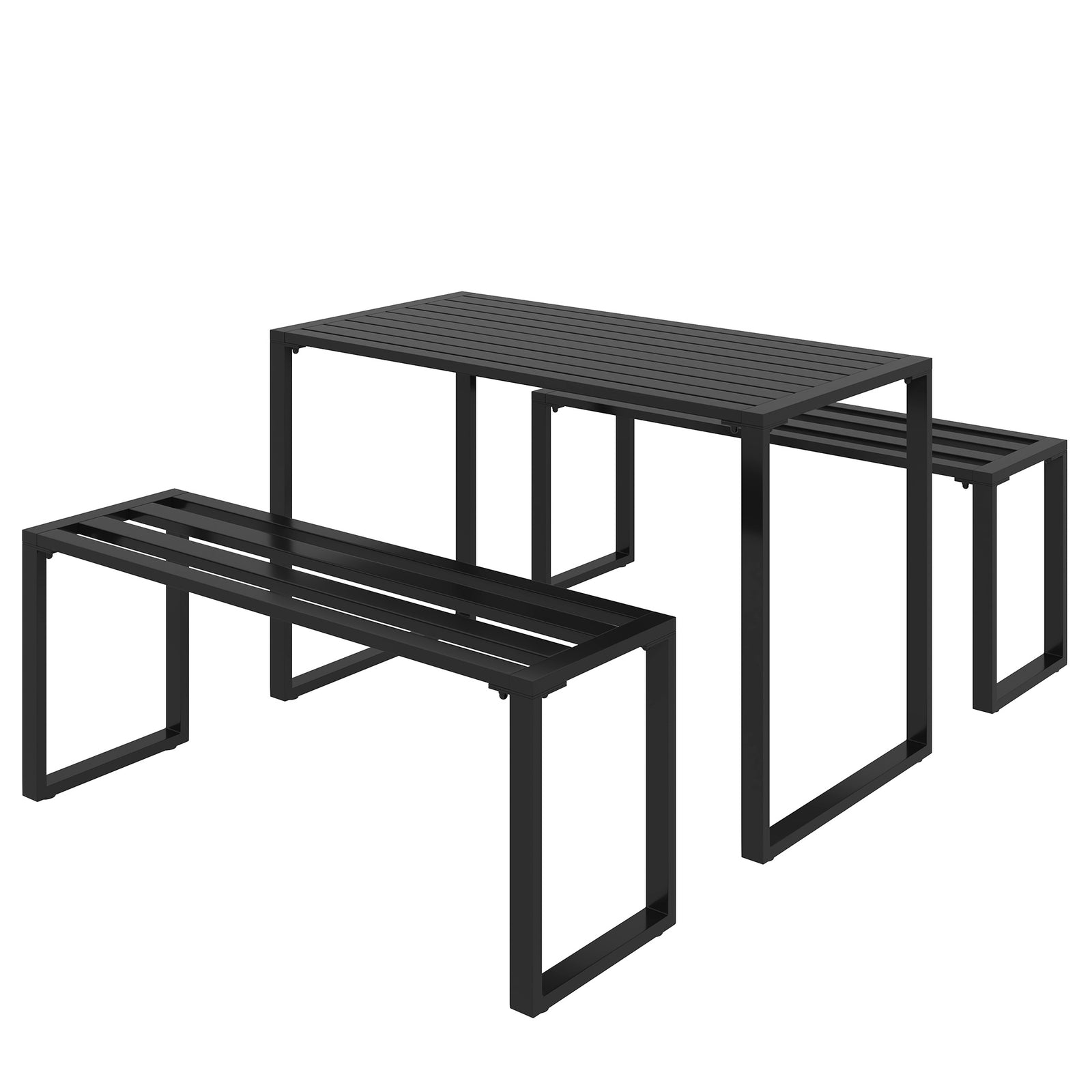 3 Pieces Picnic Bench Set with Table and 2 Benches, Slated Design Dining Trestle Beer Table and Seat, Black