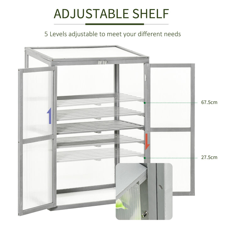 Wooden Cold Frame Greenhouse Polycarbonate Garden Grow House for Flower Vegetable Plants with Adjustable Shelf, Double Doors, 76 x 47 x 110cm, Light Grey
