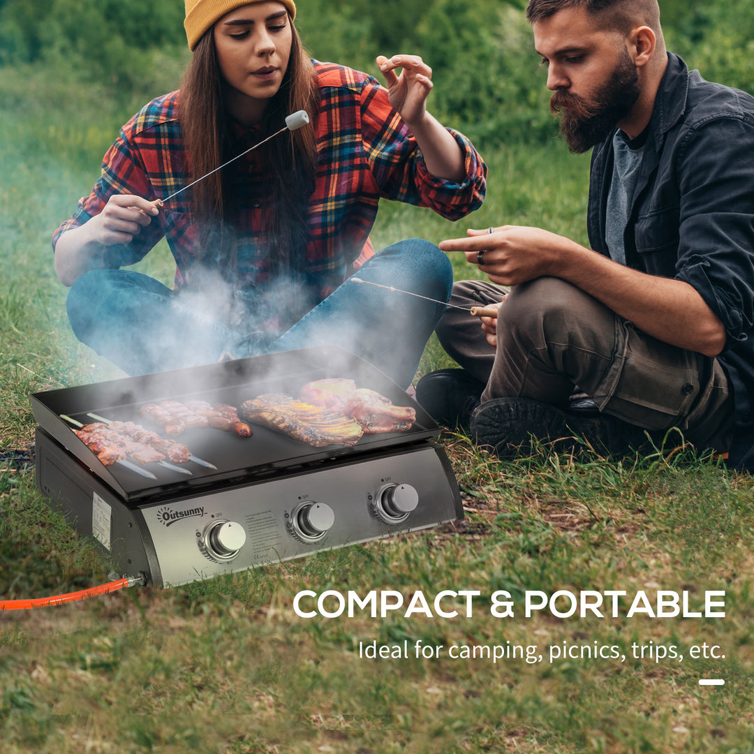 Gas Plancha Grill with 3 Stainless Steel Burner, 9kW, Portable Tabletop Gas BBQ with Non-Stick Griddle for Camping Picnic Garden Party Festival