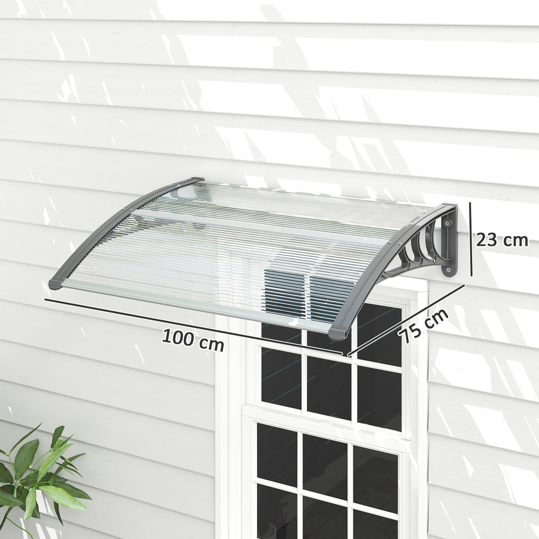 Front Door Canopy Outdoor Awning Aluminium Rigid Plastic Polycarbonate Rain Shelter UV Water Rain Resistant 100 x 75cm Clear