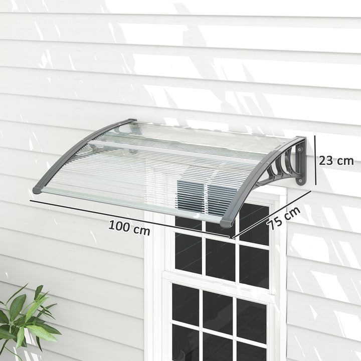 Front Door Canopy Outdoor Awning Aluminium Rigid Plastic Polycarbonate Rain Shelter UV Water Rain Resistant 100 x 75cm Clear